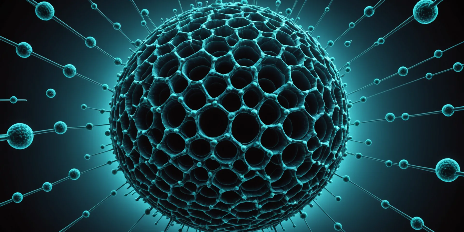 Abstract visualization of lipid nanoparticles in deep midnight blue space with teal bioluminescent glow